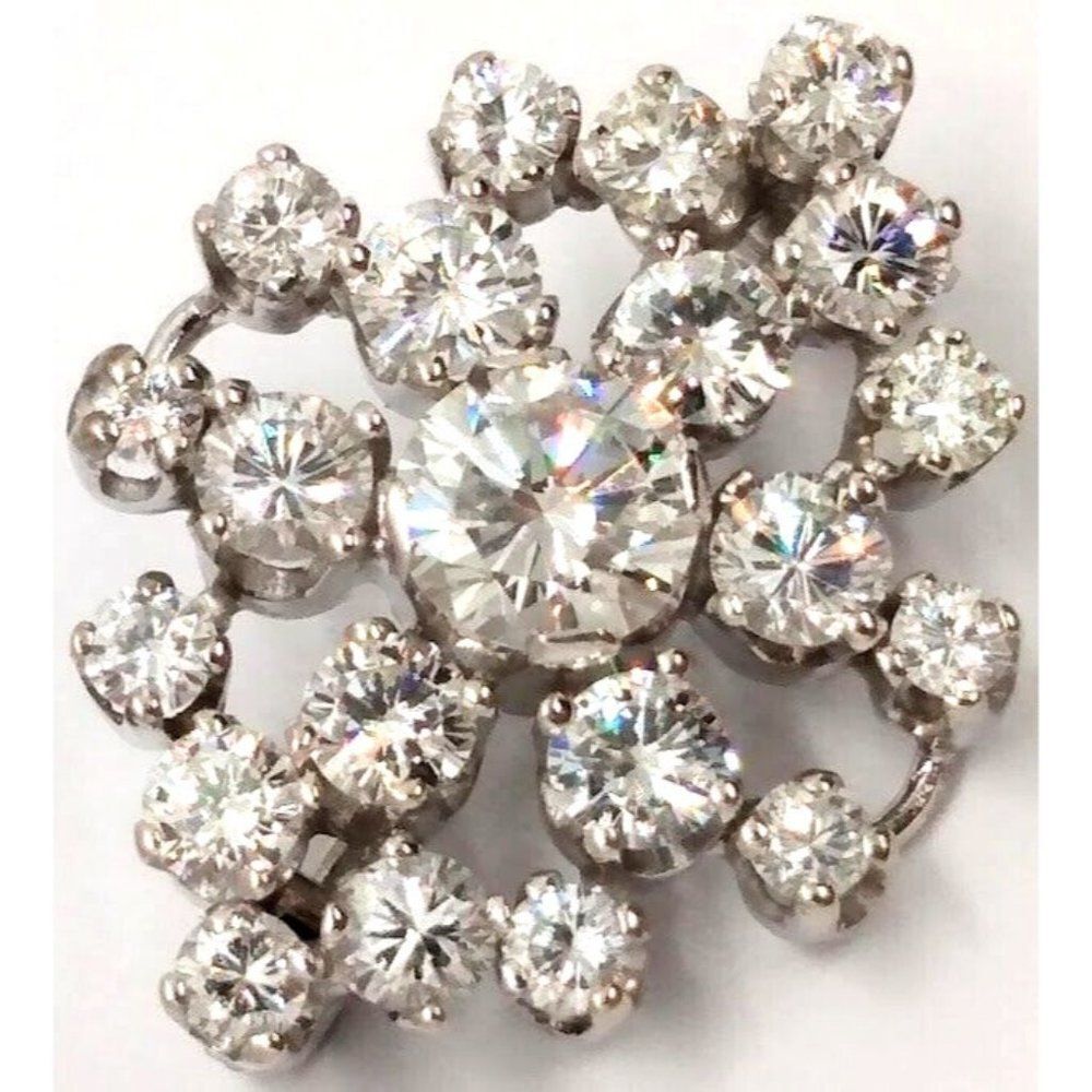 Elegant Vintage Mid-Century Diamond 14K White Gold Pin Brooch Diamond Cluster